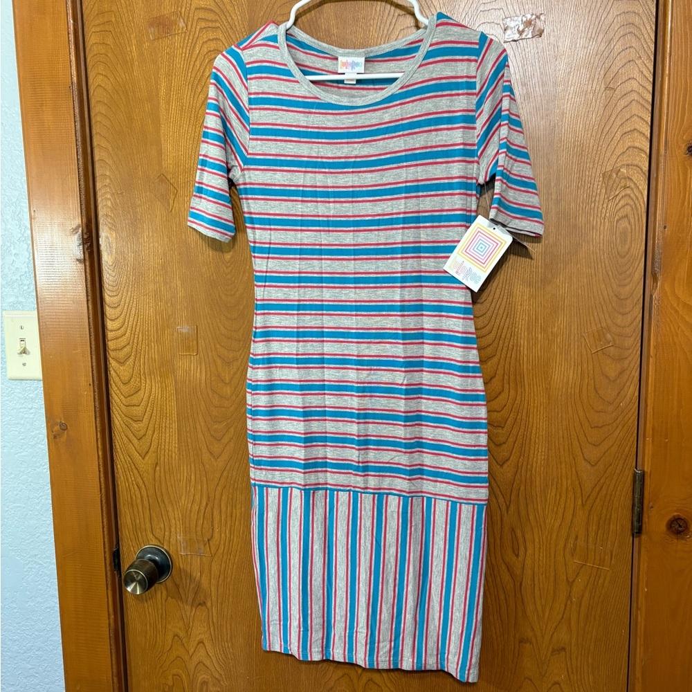 LuLaRoe Striped Red Blue Gray Midi Dress